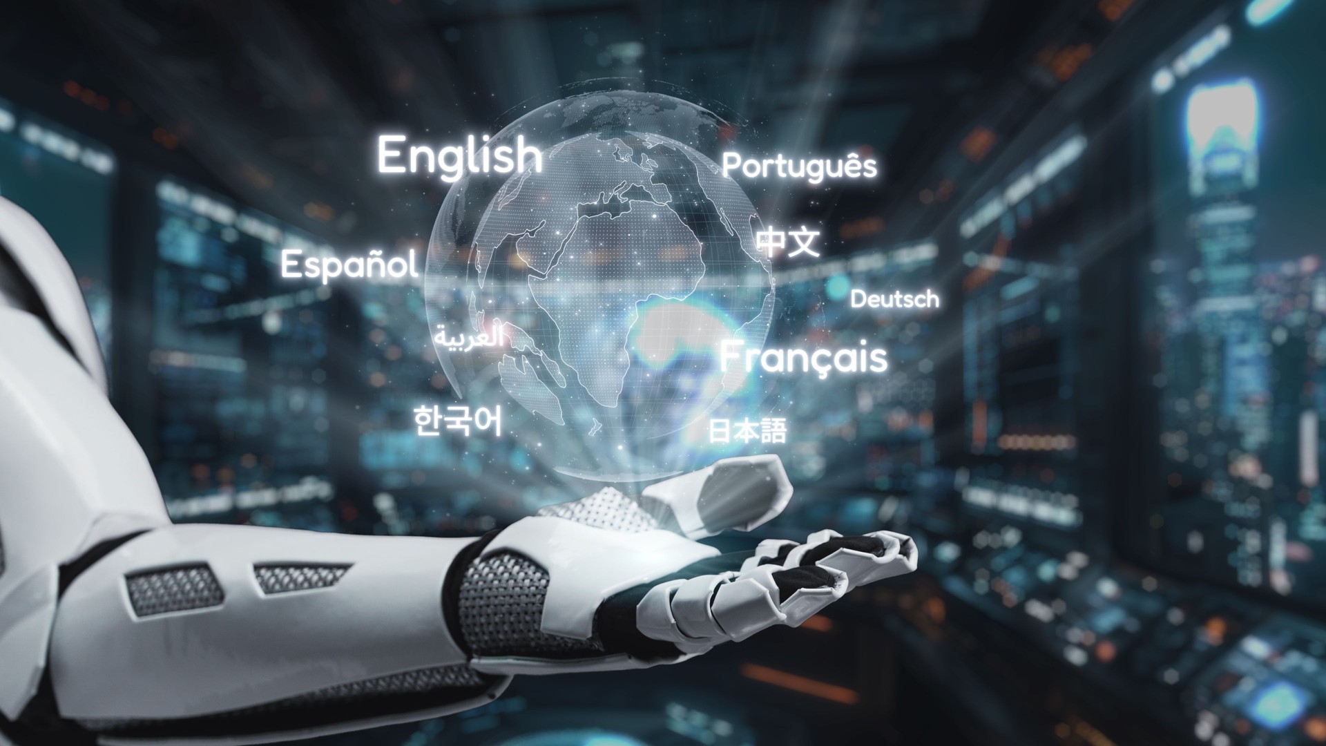 Futuristic digital interface with robotic hand displaying multiple languages and global connectivity in a tech-inspired environment. Auvana